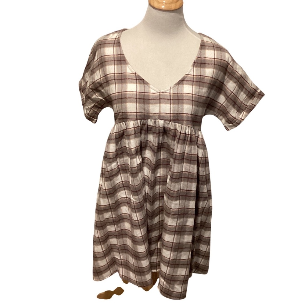 Rylee + Cru Women Brown Plaid Cotton Flannel Babydoll Dress V-Neck Small NWT